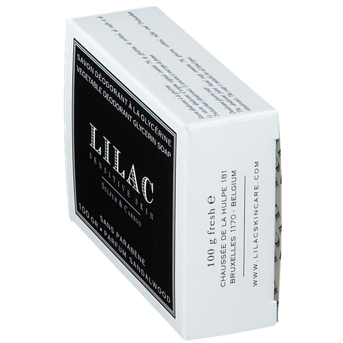 Boîte avec étiquette noire. Inscription: LILAC, Sensitive Skin, Sulfur & Carbon. Texte: Savon Déodorant à la Glycérine. Adresse et poids.