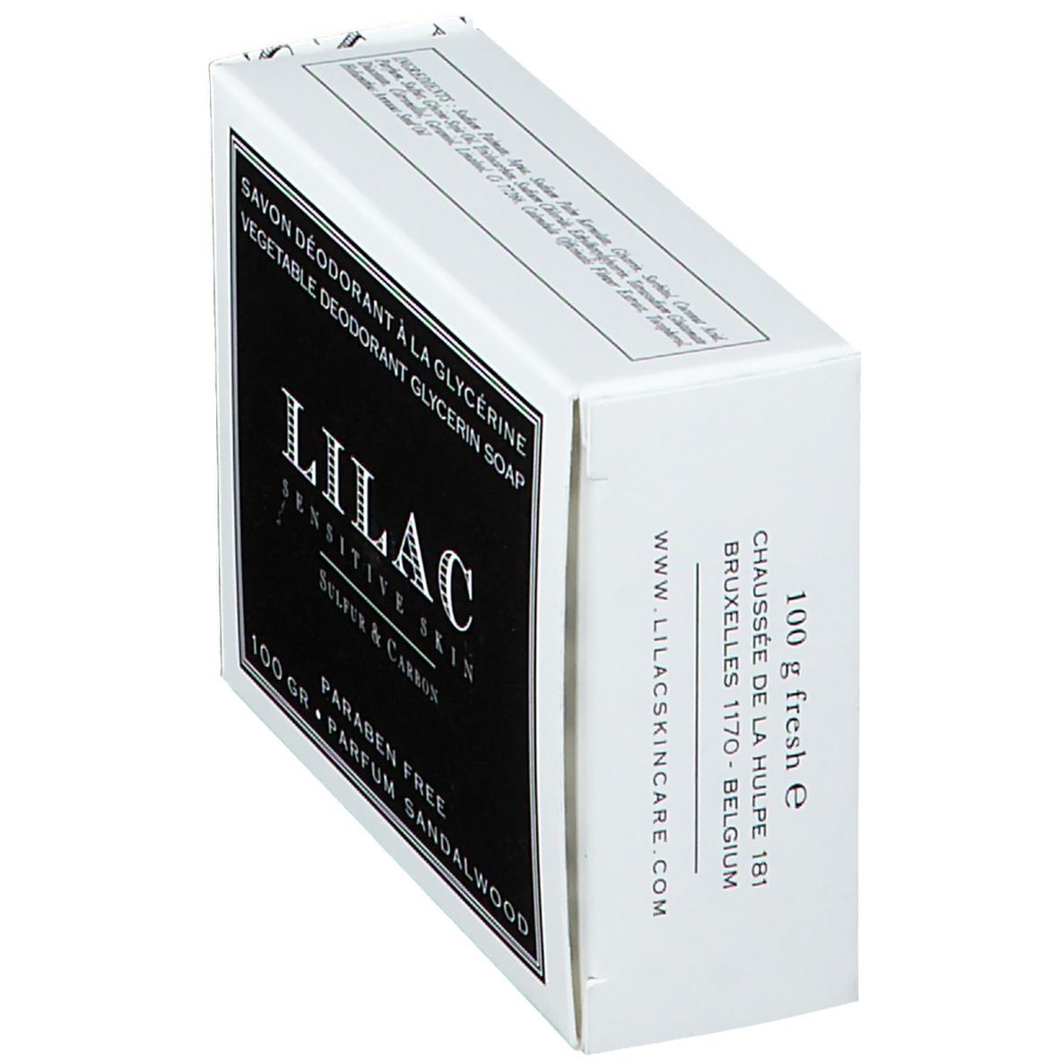 Boîte avec étiquette noire. Inscription: LILAC, Sensitive Skin, Sulfur & Carbon. Texte: Savon Déodorant à la Glycérine. Adresse et poids.