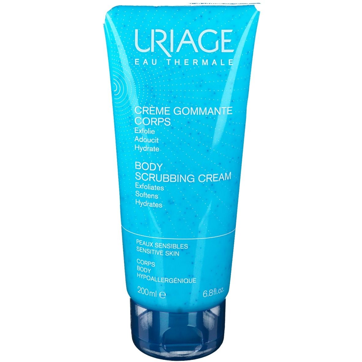 Uriage Körperpeeling Creme Tube. Blaue Tube mit Produktnamen und Marke. 200ml.