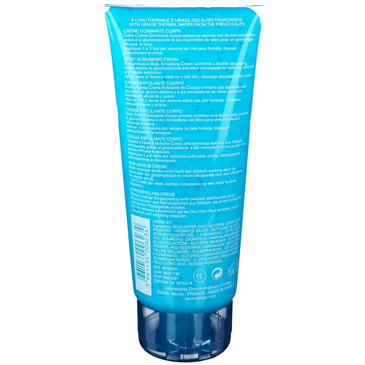 Uriage Körperpeeling Creme. Drei Produkte: Peeling, Reinigungsöl, Bodylotion. Blaue Tube.