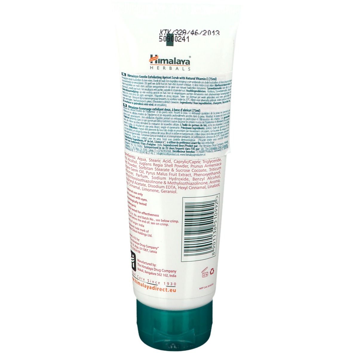 Rückseite der Tube Himalaya Gentle Exfoliating Apricot Scrub. Weiß, mit grüner Kappe. Text und Barcode.