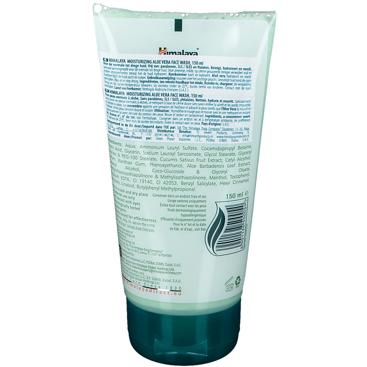 Dos d'un tube blanc et vert Himalaya Moisturizing Aloe Vera Face Wash. Texte multilingue. Code-barres et indication de quantité 150 ml.