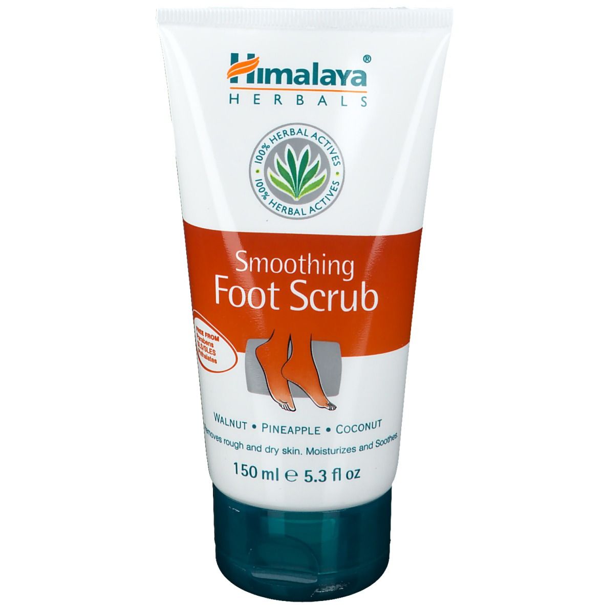 Tube blanche et orange, bouchon vert. Inscription: Himalaya Herbals, Smoothing Foot Scrub. Illustration de pieds. 150 ml.