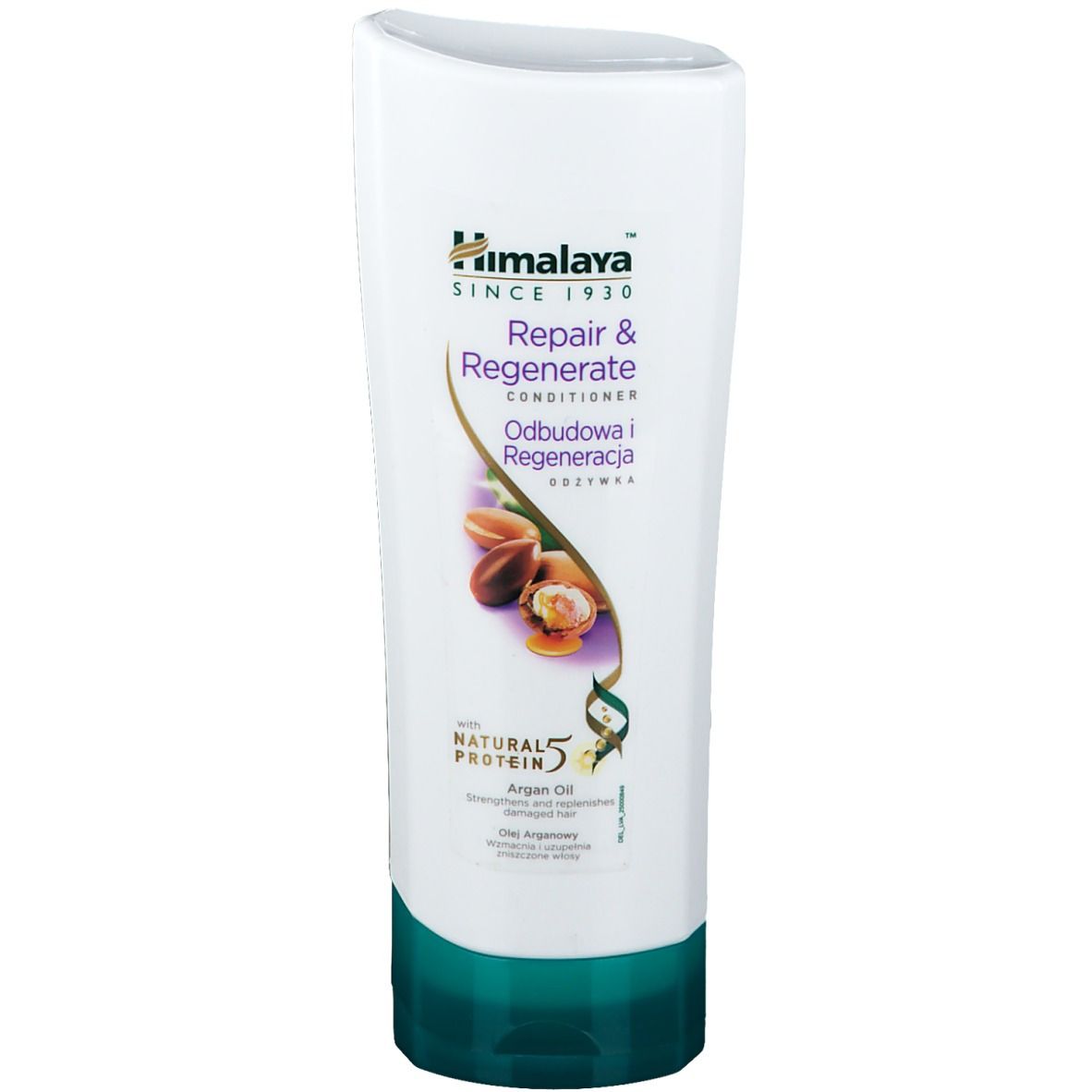 Weiß-grüne Tube mit Produktaufschrift. Text: Himalaya, Repair & Regenerate Conditioner, Arganöl. Abbildung von Arganfrüchten.