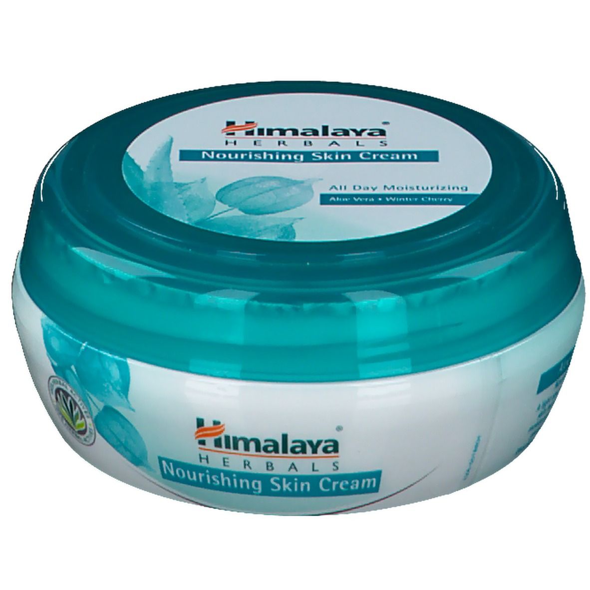 Runde Dose mit blauem Deckel. Aufschrift: Himalaya Herbals Nourishing Skin Cream. Mit Aloe Vera und Winterkirsche.