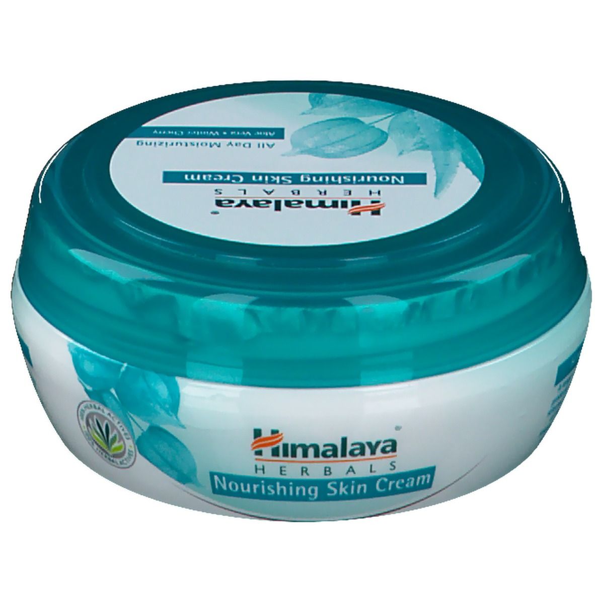 Runde Dose mit blauem Deckel. Aufschrift: Himalaya Herbals Nourishing Skin Cream. Mit Aloe Vera und Winterkirsche.