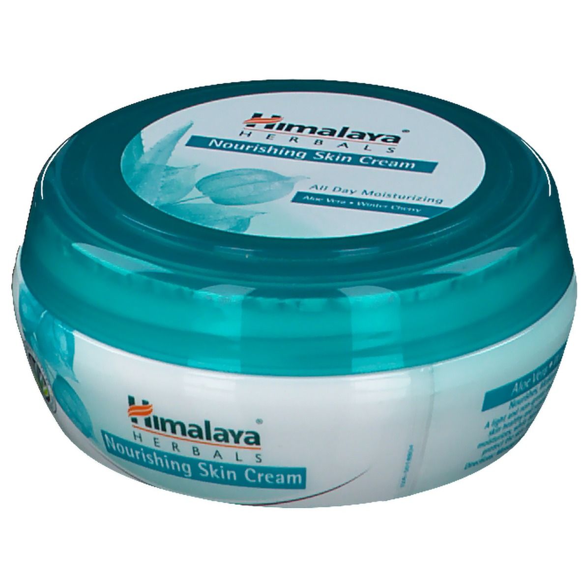 Runde Dose mit blauem Deckel. Aufschrift: Himalaya Herbals Nourishing Skin Cream. Mit Aloe Vera und Winterkirsche.