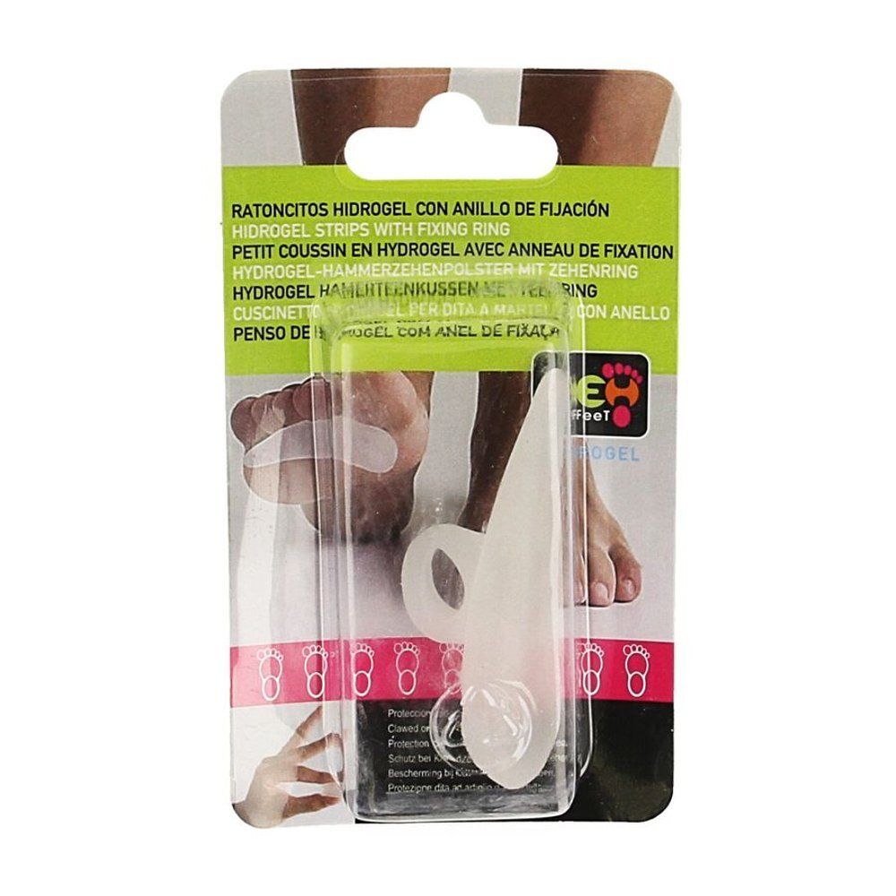 Coussinet en hydrogel avec anneau de fixation. Forme transparente et souple. Emballage blister avec nom du produit et pieds.