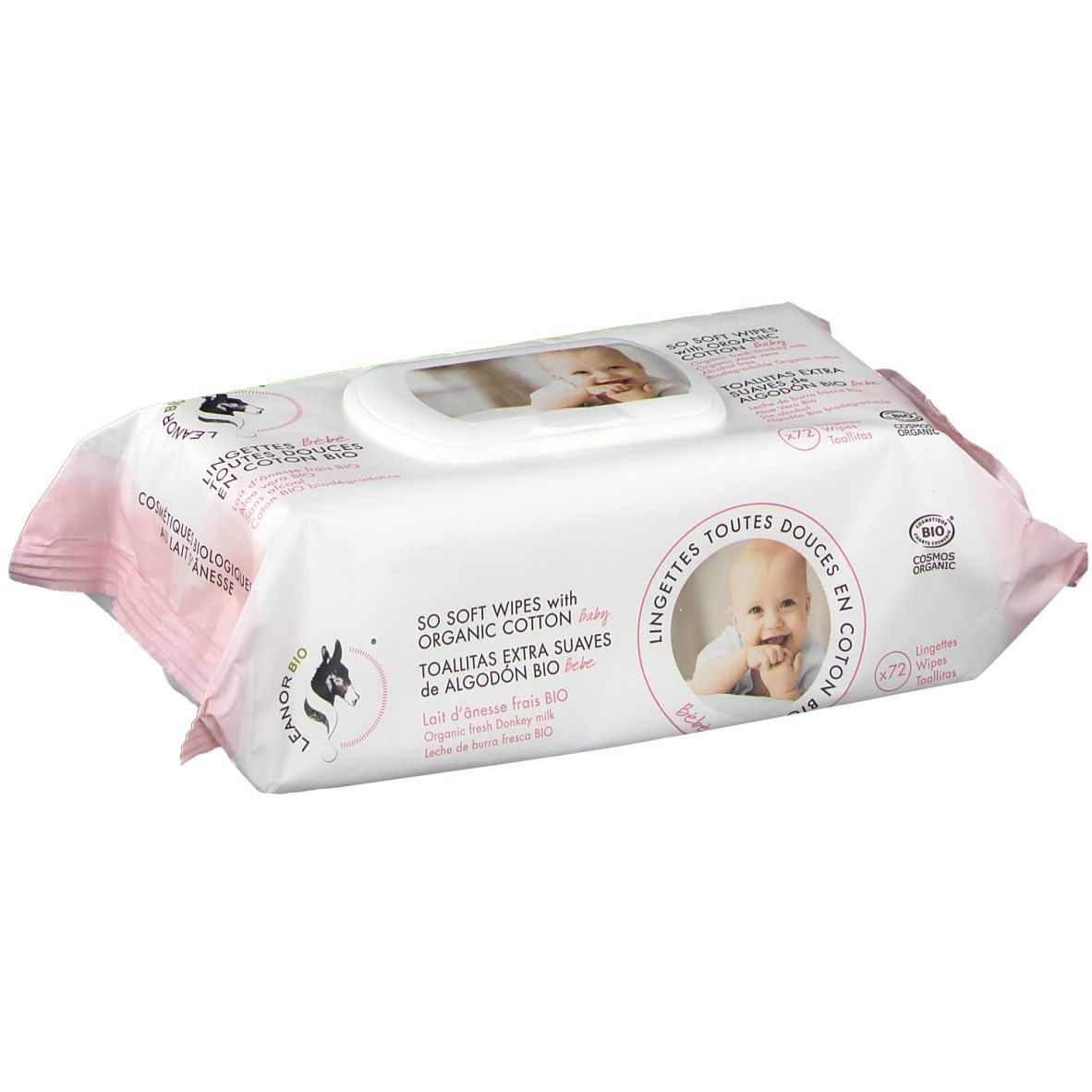 Packung Feuchttücher mit Baby-Foto, LEANORBIO-Logo, Text: 50 Soft Wipes with Organic Cotton.