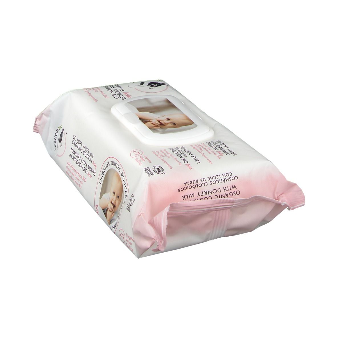 Packung Feuchttücher, LEANORBIO-Logo, Text: Organic Cotton with Donkey Milk, Baby-Foto, rosa Akzente.