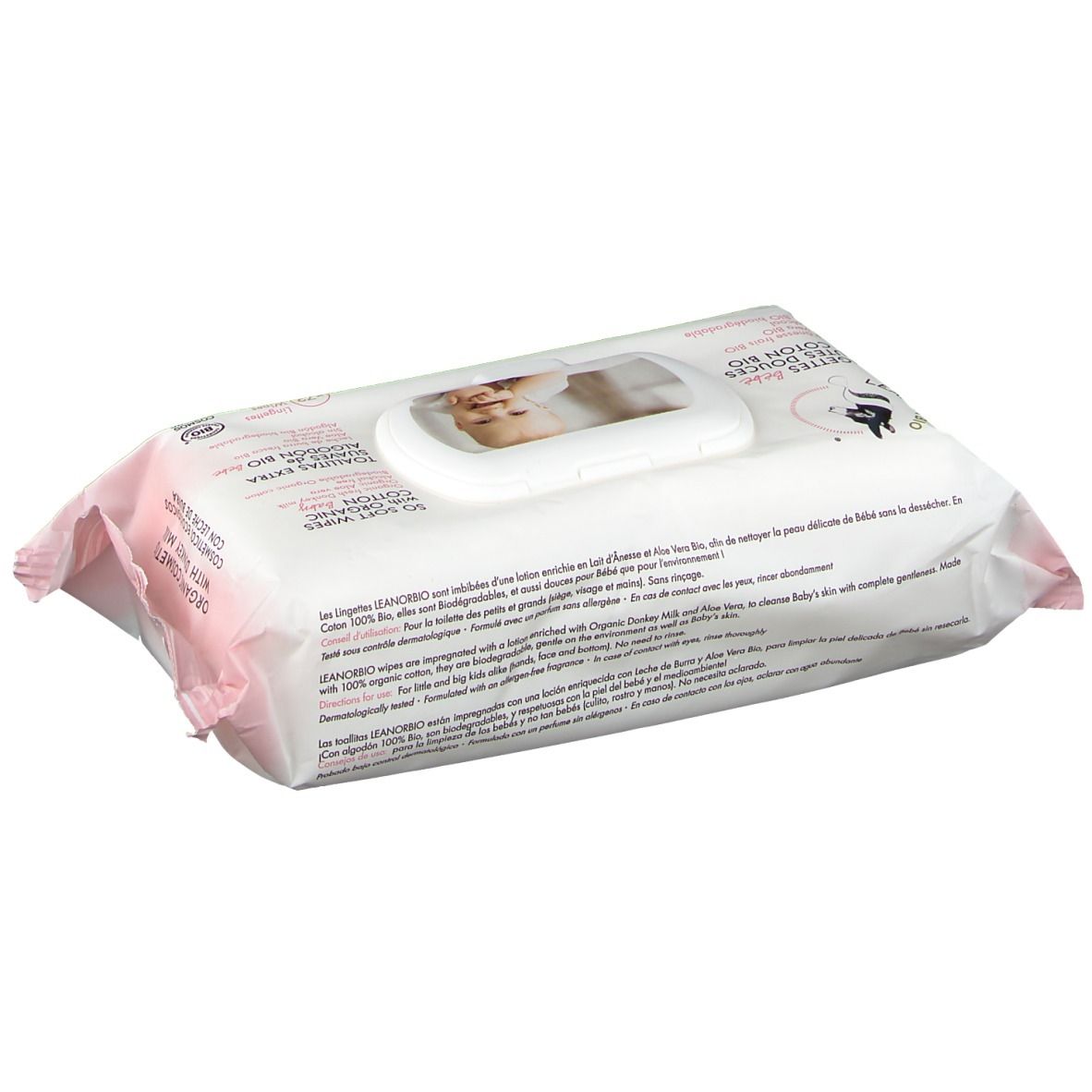 Packung Feuchttücher, LEANORBIO-Logo, Text: 50 Soft Wipes with Organic Cotton, Baby-Foto, rosa Akzente.