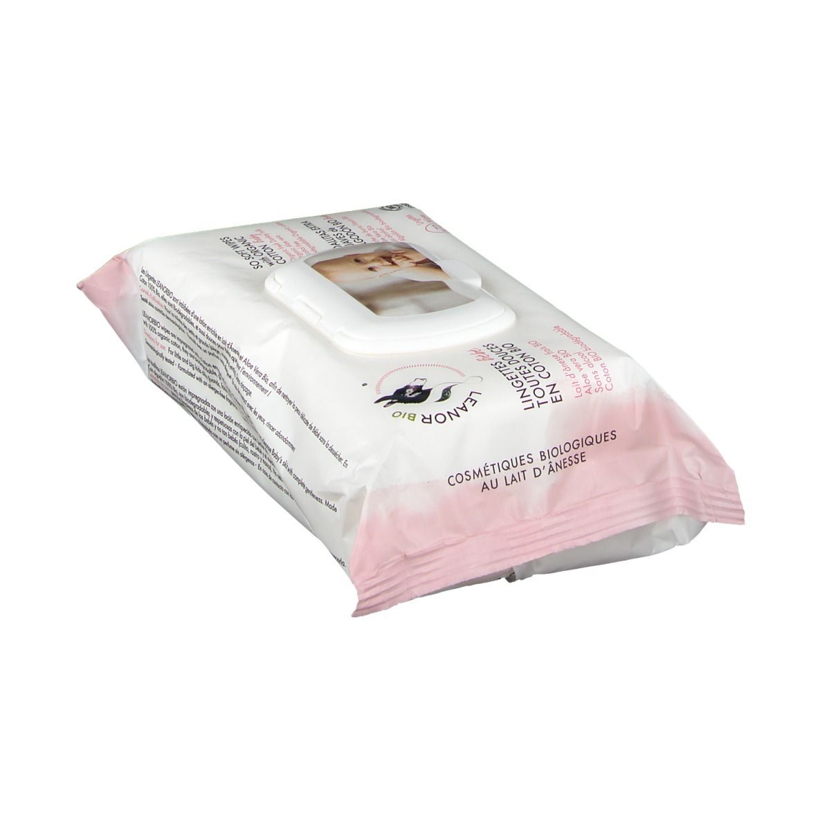 Packung Feuchttücher, LEANORBIO-Logo, Text: Cosmetiques Biologiques au Lait d'Anesse, rosa Akzente.