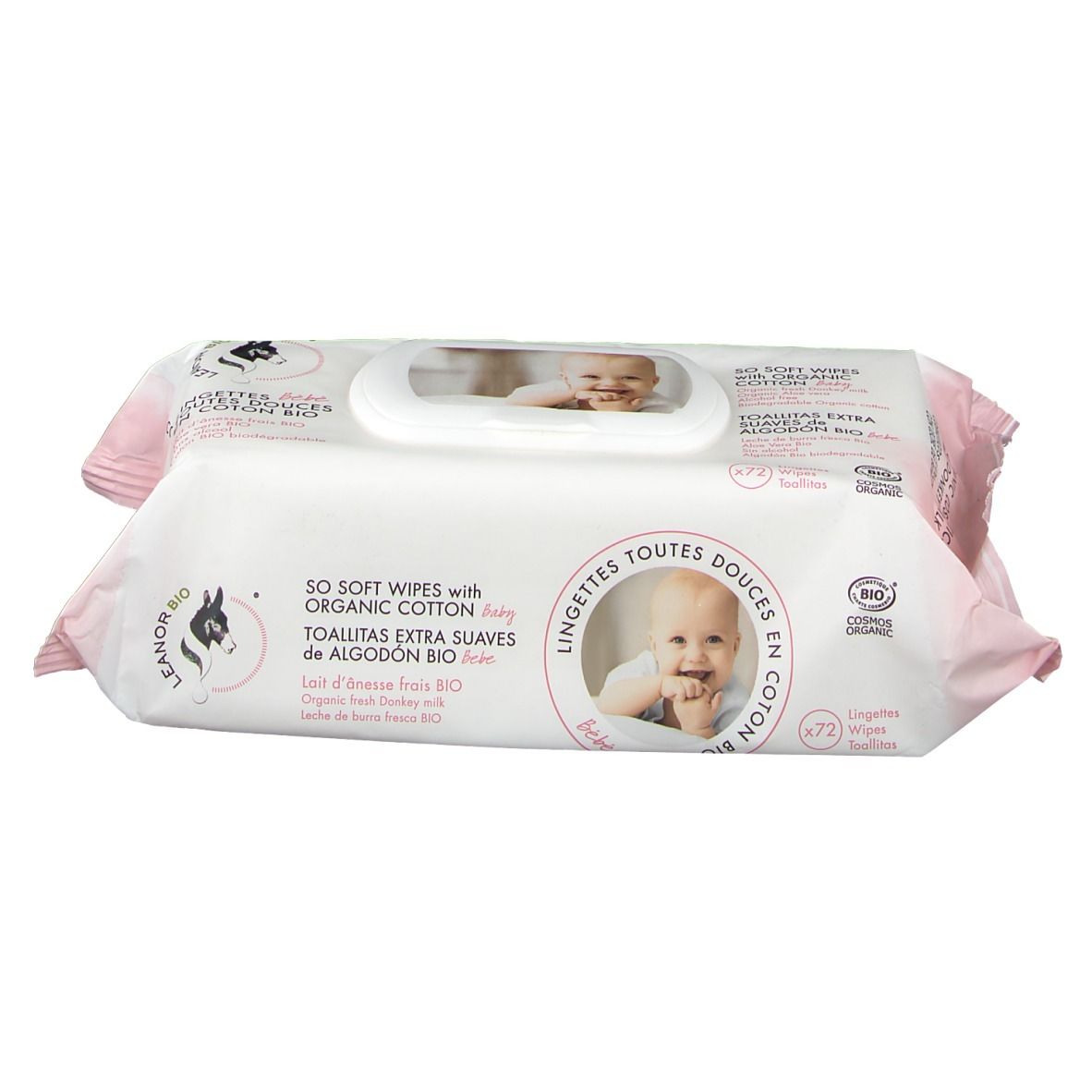 Zwei Packungen Feuchttücher, LEANORBIO-Logo, Text: 50 Soft Wipes with Organic Cotton, Baby-Foto, rosa Akzente.