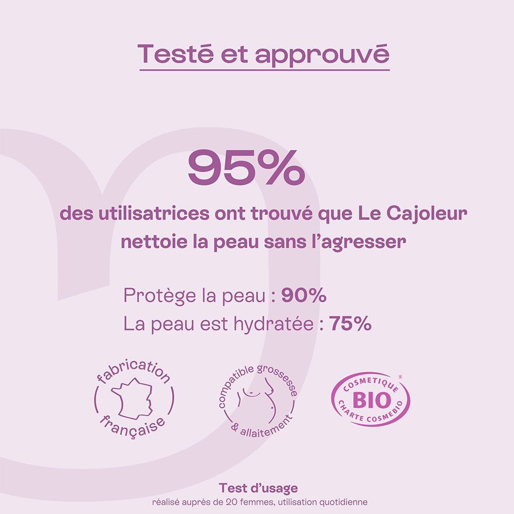 Graphique avec texte. 95% des utilisatrices ont trouvé que le produit nettoie la peau sans l'agresser. Certifications.