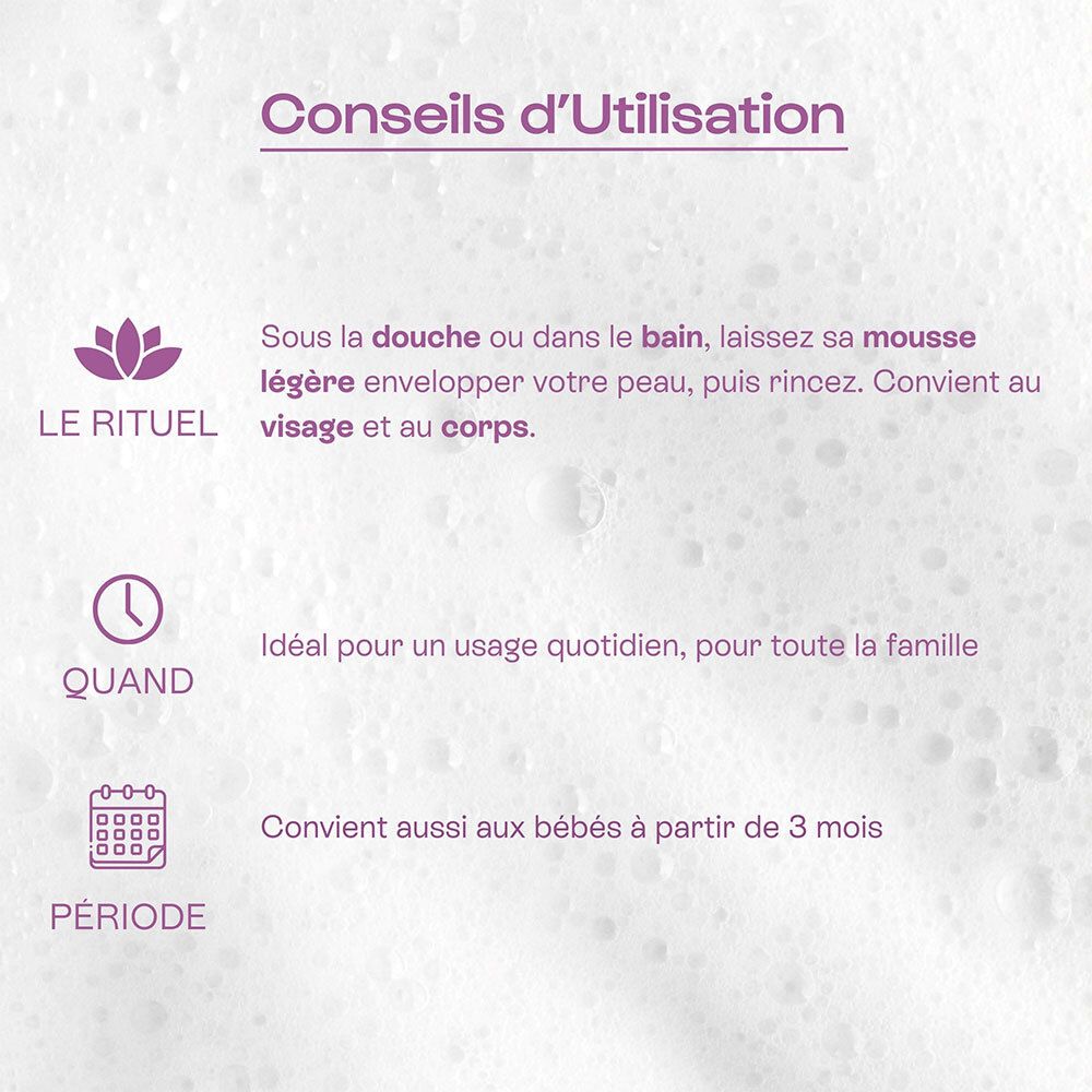 Graphique avec texte. Conseils d'utilisation : Faire mousser sous la douche ou dans le bain, rincer. Pour un usage quotidien.