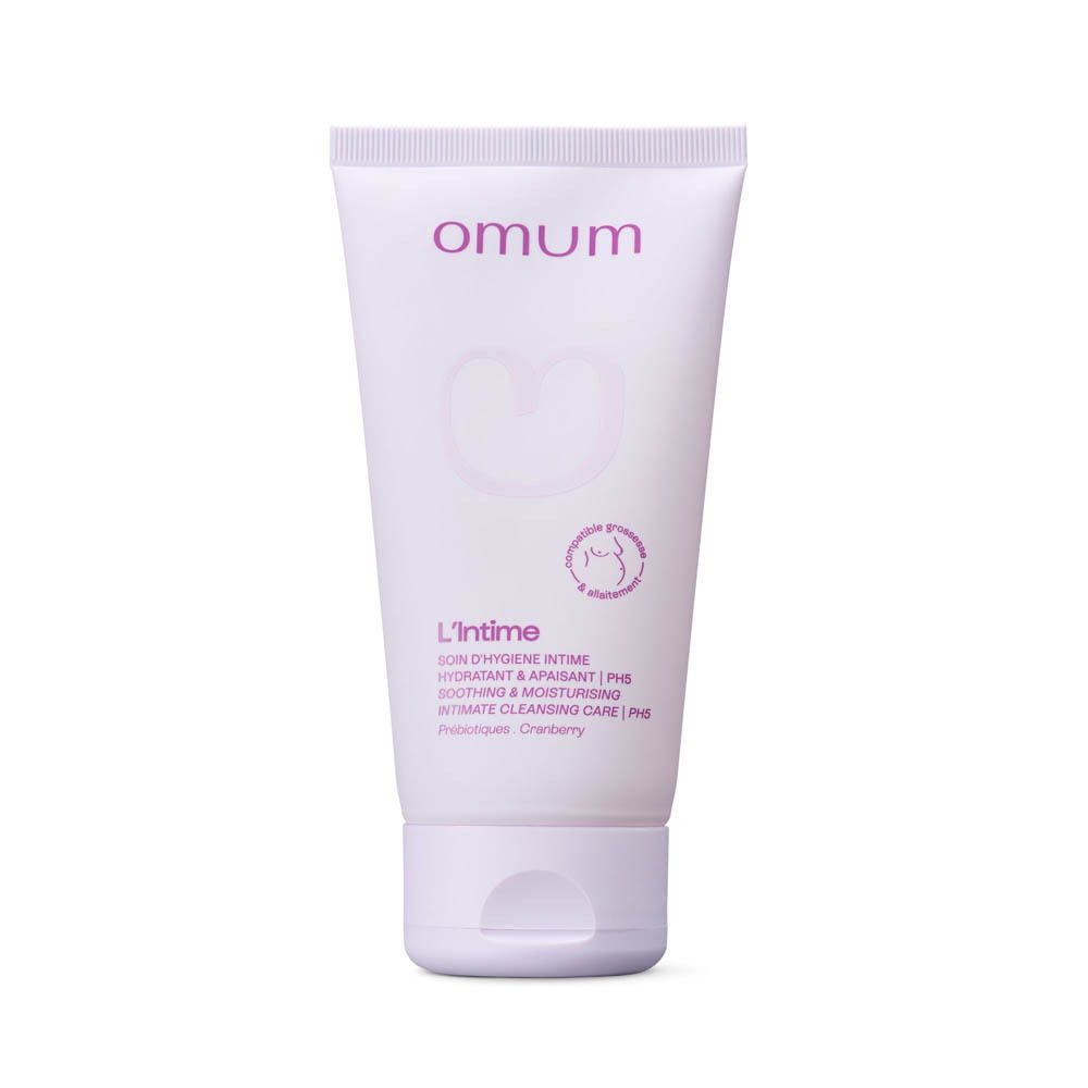 Tube blanc avec nom et logo du produit. Texte : 'L'Intime' et 'Soothing & Moisturising Intimate Cleansing Care'.