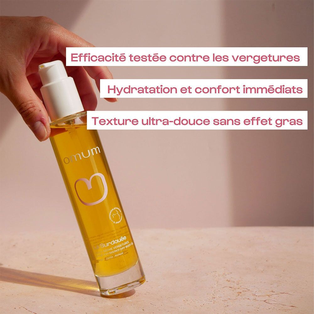 Flacon avec liquide jaune, vaporisateur. Texte: Efficacité, hydratation, texture. Sur fond rose.