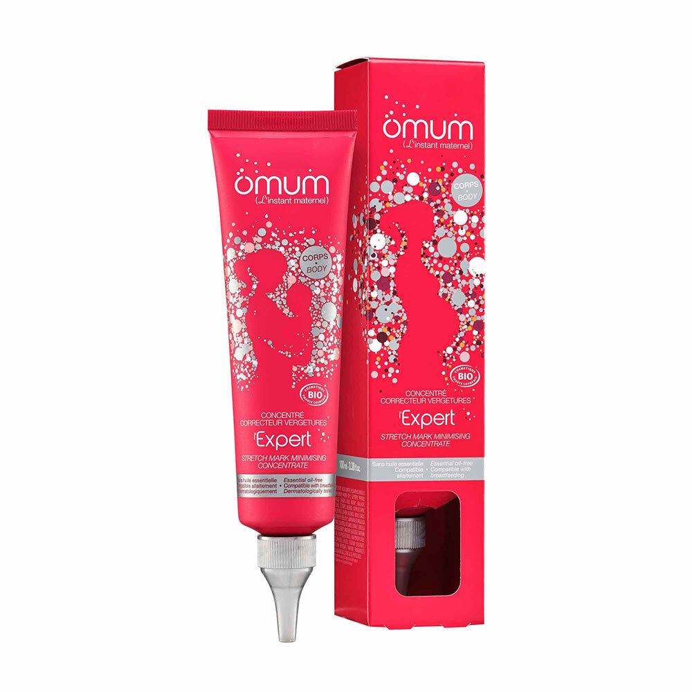 Tube et emballage. Nom du produit: Expert. Marque: ömum. Visuel femme enceinte. Certifié Bio.