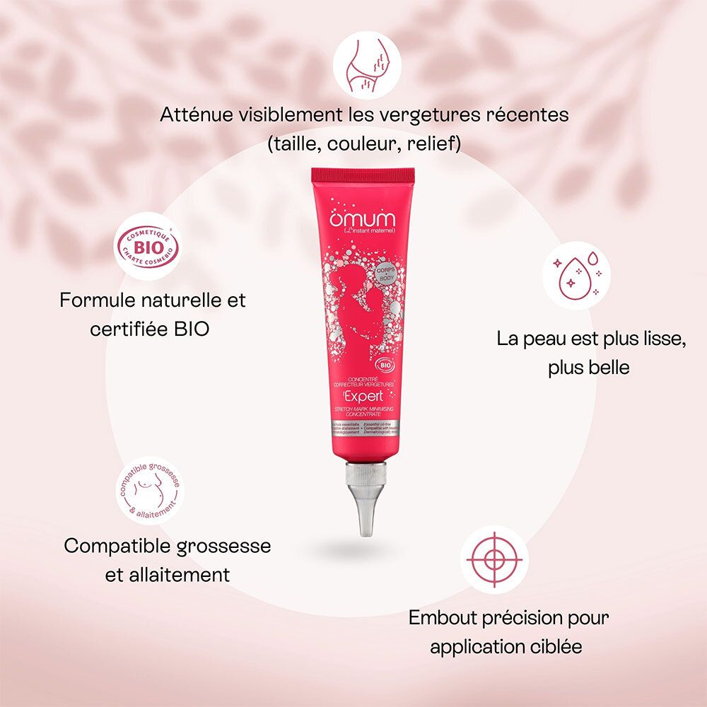 Produit et icônes. Nom du produit: Expert. Certifié Bio. Compatible grossesse et allaitement.
