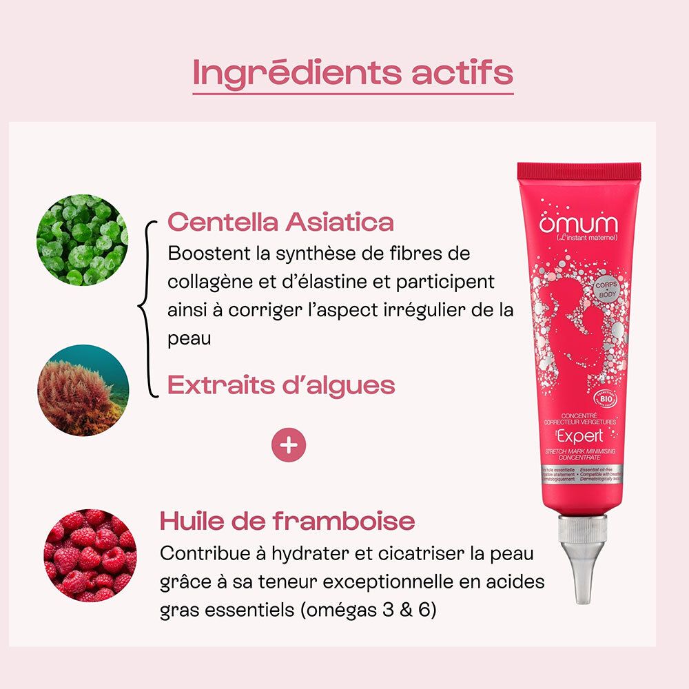 Ingrédients: Centella Asiatica, extraits d'algues, huile de framboise. Nom du produit: Expert. Tube avec applicateur.