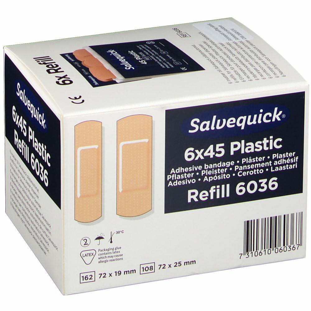 Salvequick 6x45 Plastic Refill 6036. Karton mit Pflastern. Aufschrift: Adhesive bandage, Pflaster, Pansement adhésif, Apósito, Cerotto, Laastari.