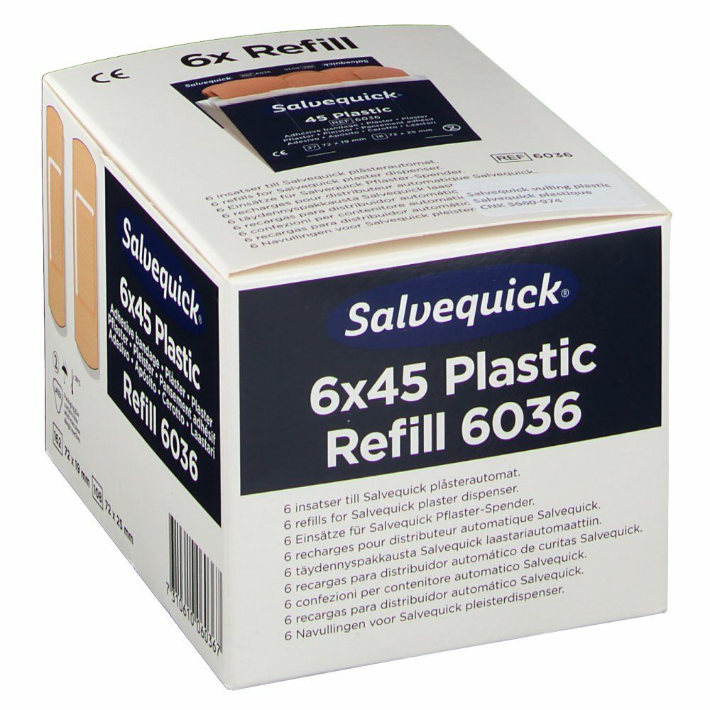 Salvequick 6x45 Plastic Refill 6036. Karton mit Pflastern. Aufschrift: 6 refills for Salvequick plaster dispenser.