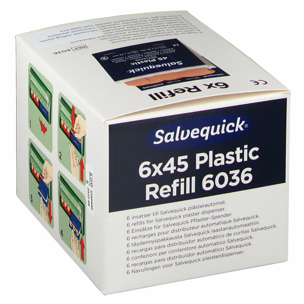 Salvequick 6x45 Plastic Refill 6036. Karton mit Pflastern. Illustrationen zur Anwendung. Aufschrift: 6 refills for Salvequick plaster dispenser.