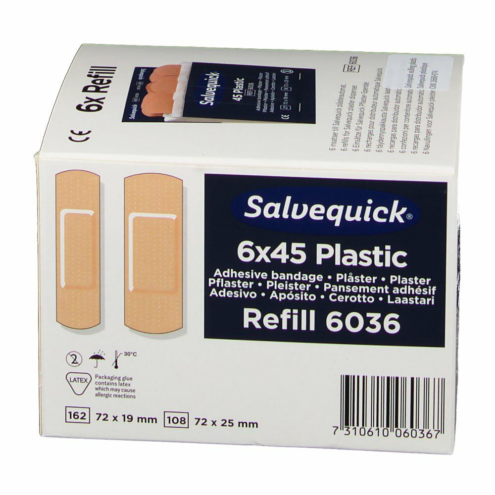 Salvequick 6x45 Plastic Refill 6036. Karton mit Pflastern. Aufschrift: Adhesive bandage, Pflaster, Pansement adhésif, Apósito, Cerotto, Laastari. Größenangaben.