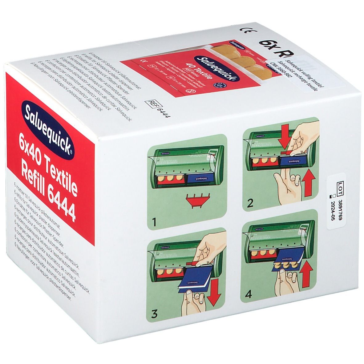 Boîte de recharge de pansements textiles Salvequick. Illustration de l'extraction des pansements du distributeur.