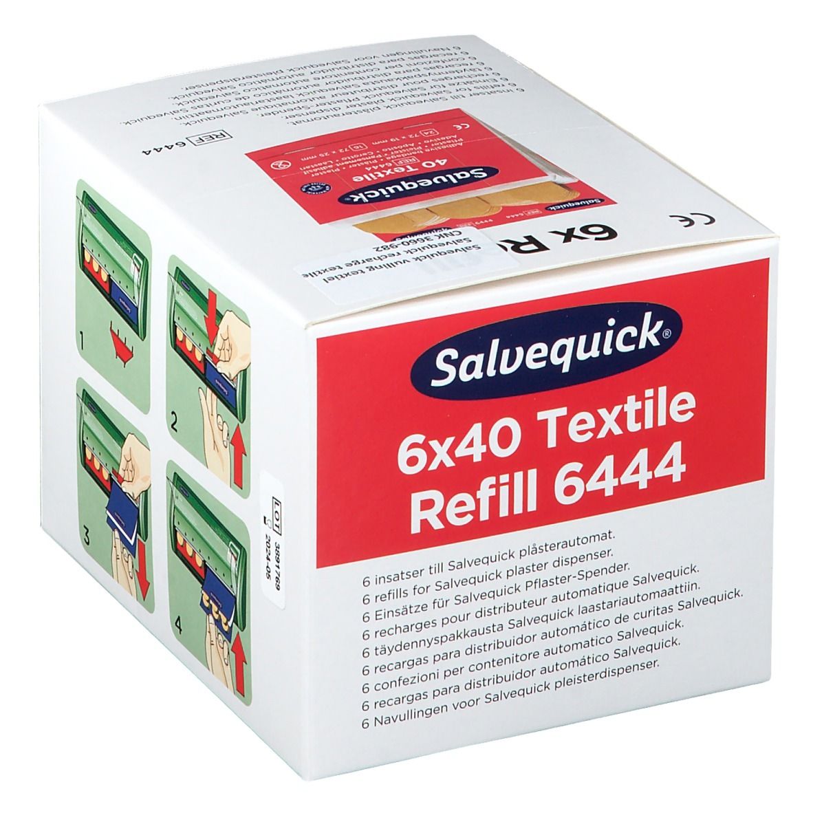 Boîte de recharge de pansements textiles Salvequick. Illustration de l'extraction des pansements du distributeur.