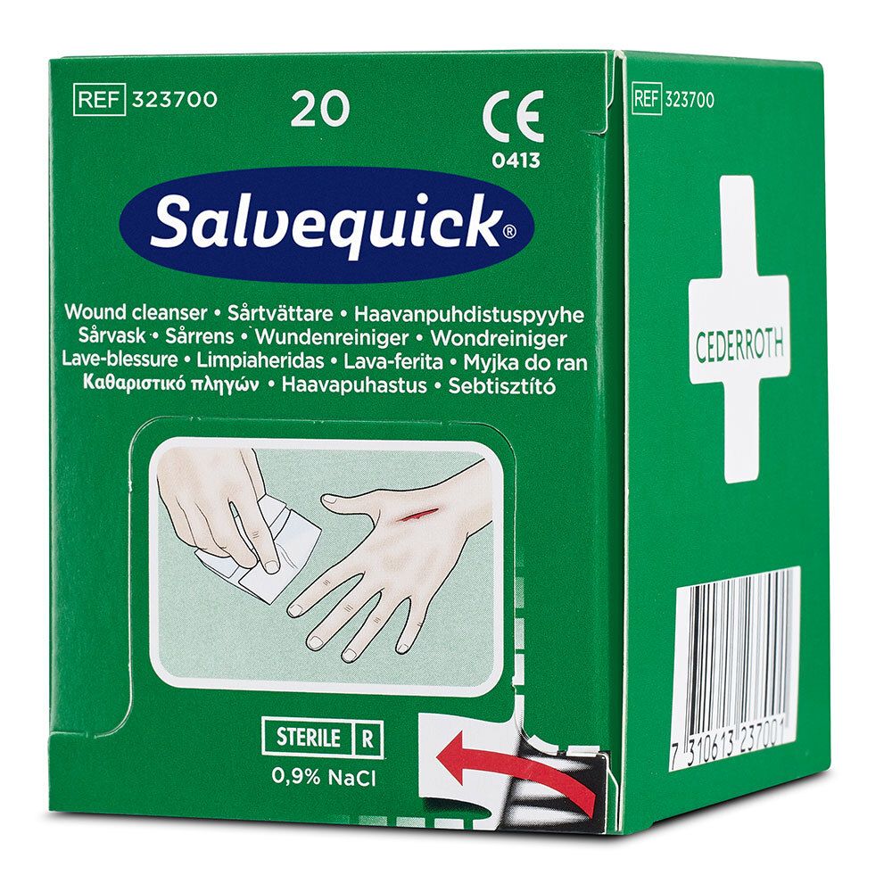 Salvequick Wundreinigungstücher. Grüne Schachtel mit 20 Tüchern. Illustration einer Hand mit Wunde.