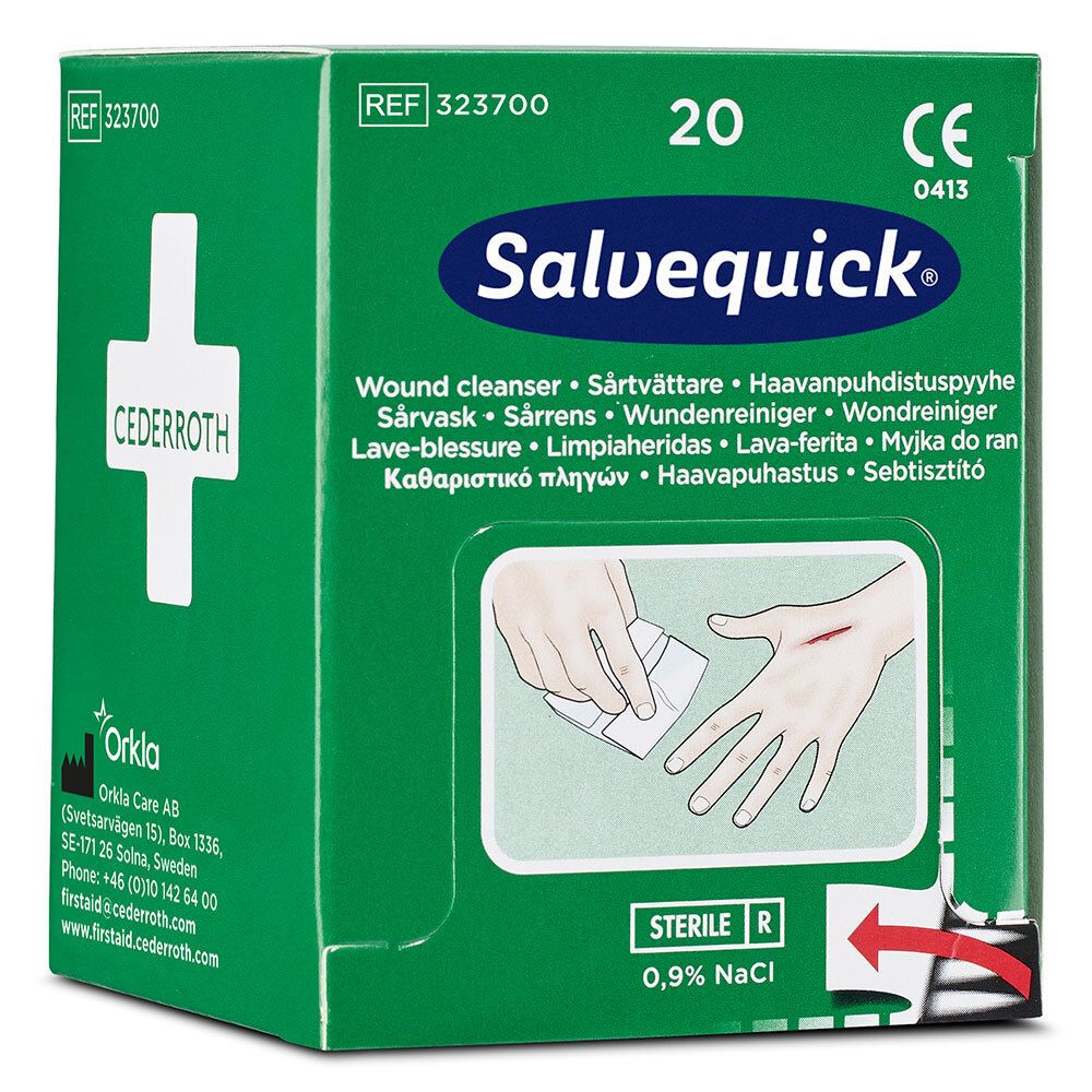 Salvequick Wundreinigungstücher. Grüne Schachtel mit 20 Tüchern. Cederroth Logo. Illustration einer Hand mit Wunde.
