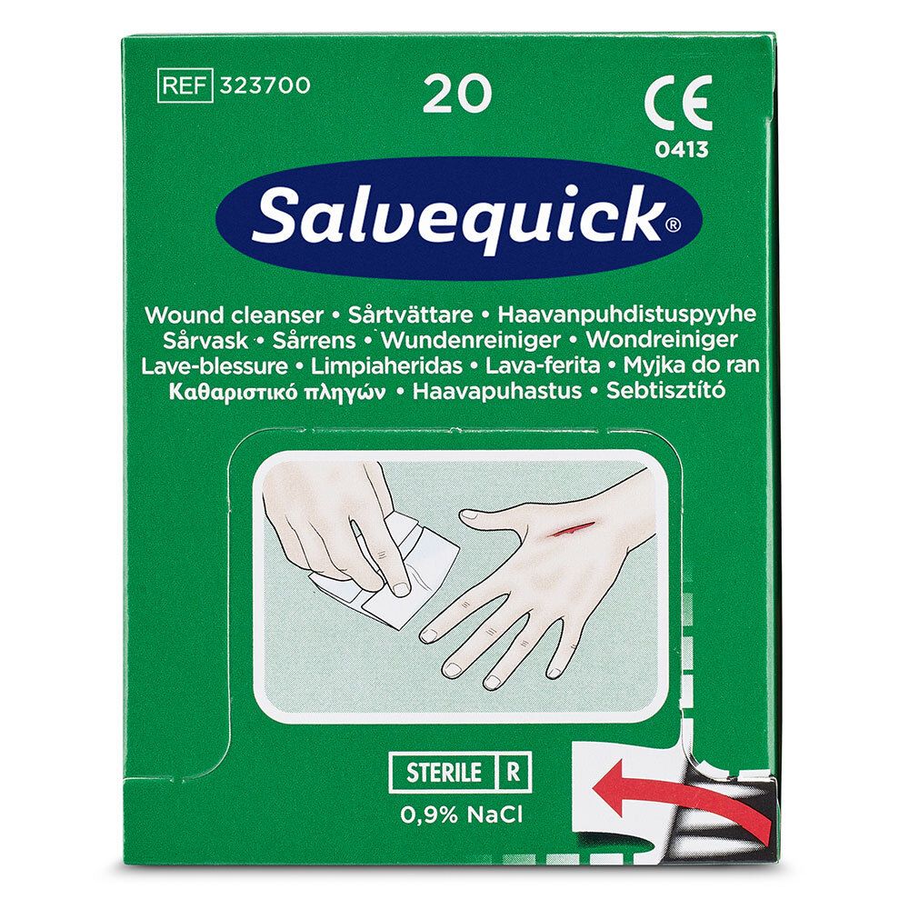Salvequick Wundreinigungstücher. Grüne Schachtel mit 20 Tüchern. Illustration einer Hand mit Wunde.