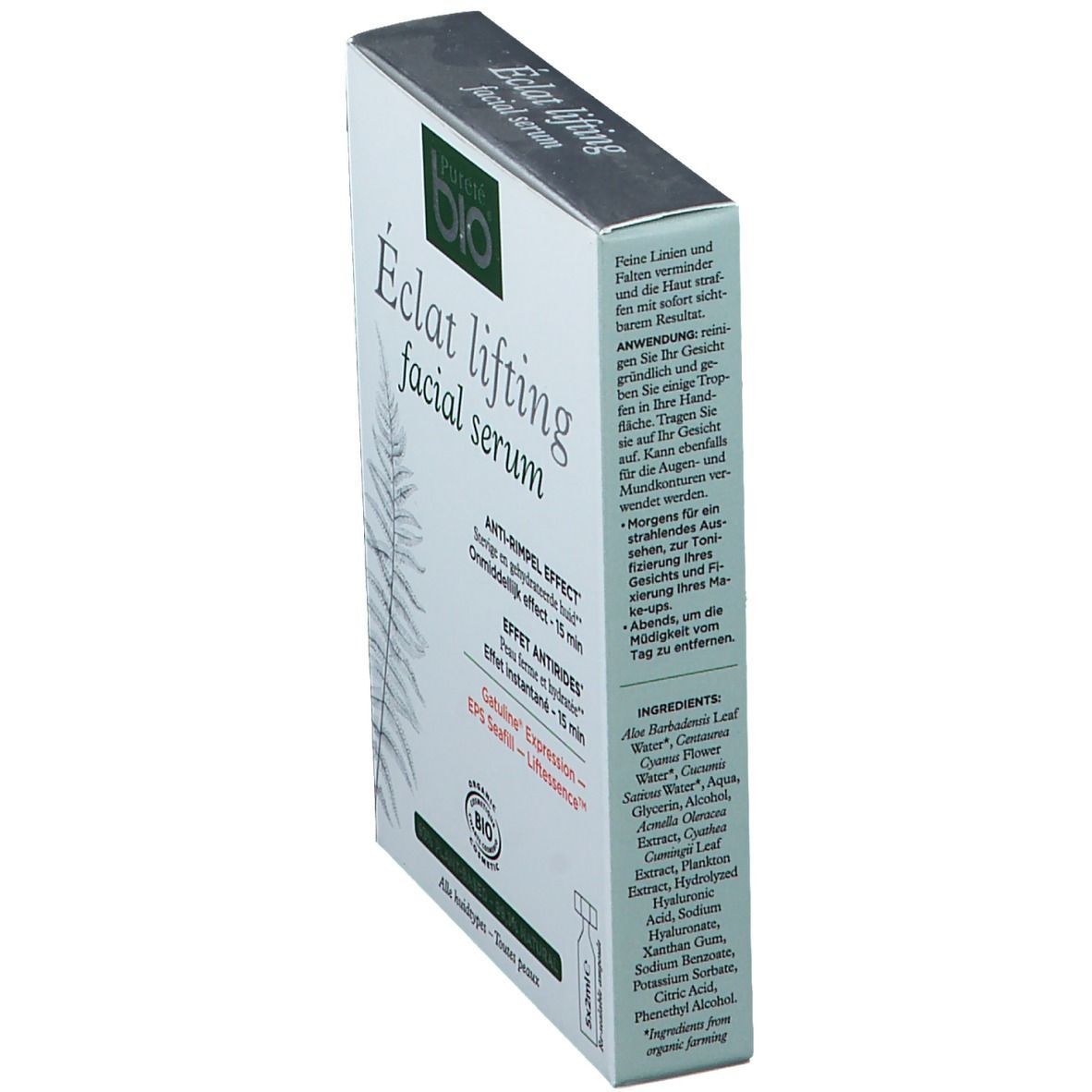 Kartonverpackung, schräg. Produktname und Logo sichtbar. Inhaltsstoffe und Anwendungshinweise aufgedruckt.