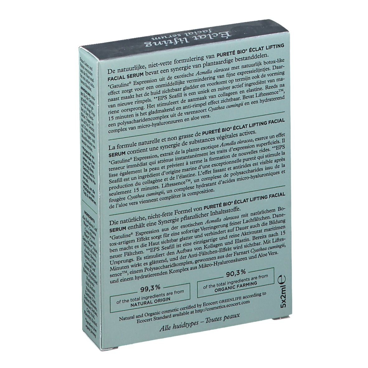 Rückseite der Kartonverpackung. Produktinformationen, Inhaltsstoffe und Bio-Zertifizierung.