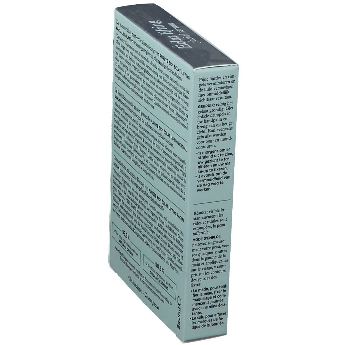 Schräg gestellte Kartonverpackung. Produktname und Informationen aufgedruckt. Bio-Zertifizierung.