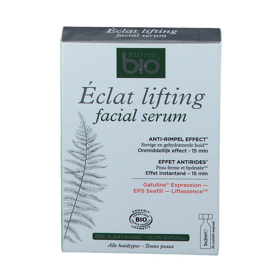 Kartonverpackung mit Produktnamen und Logo. Enthält ein Gesichtsserum. Bio-Zertifizierung sichtbar.