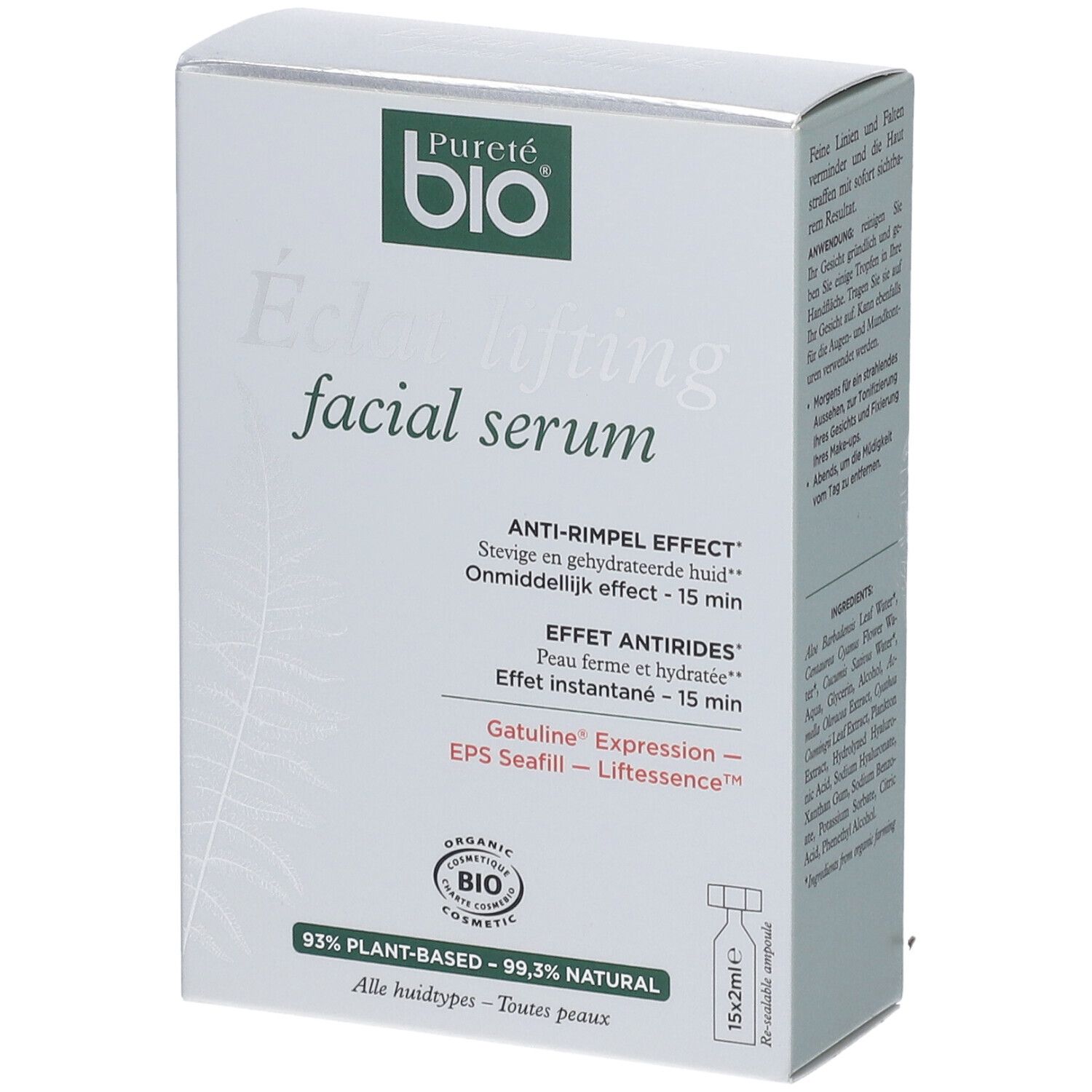 Karton mit Serum. Aufschrift: Pureté bio, Eclat lifting facial serum. Anti-Falten-Effekt. 15x2ml Ampullen.