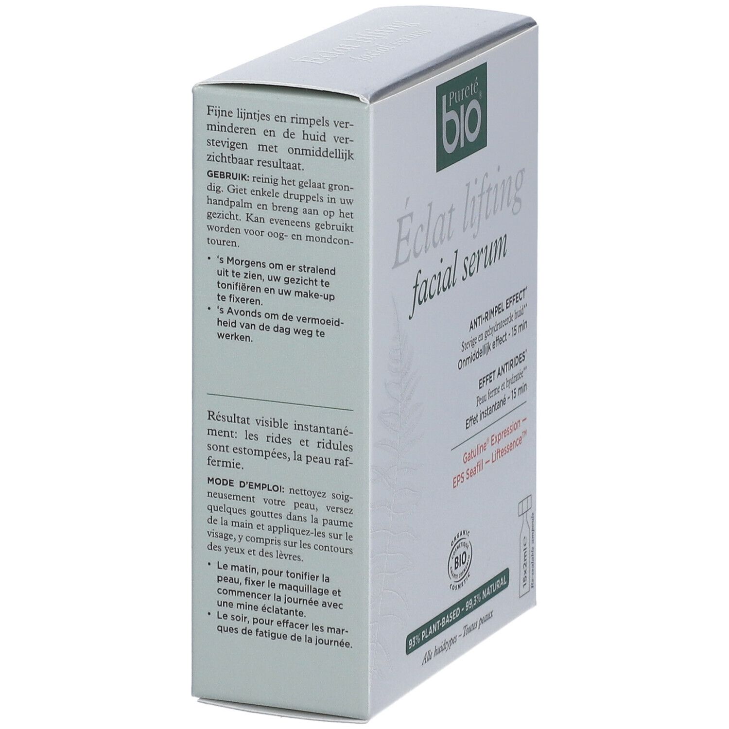 Karton mit Serum. Aufschrift: Pureté bio, Eclat lifting facial serum. Gebrauchsanweisung. 15x2ml Ampullen.