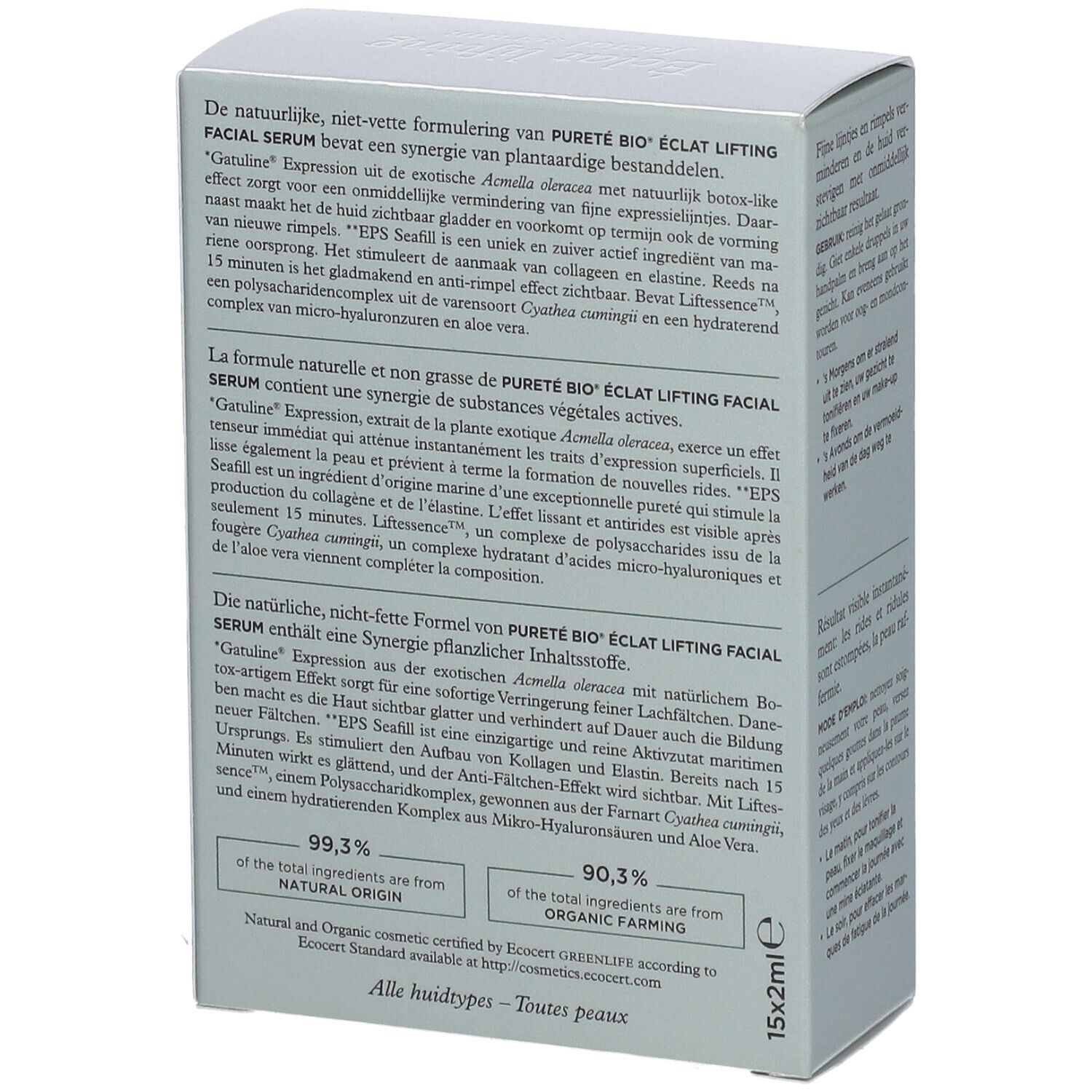 Karton mit Serum. Aufschrift: Pureté bio, Eclat lifting facial serum. Inhaltsstoffe. 15x2ml Ampullen.