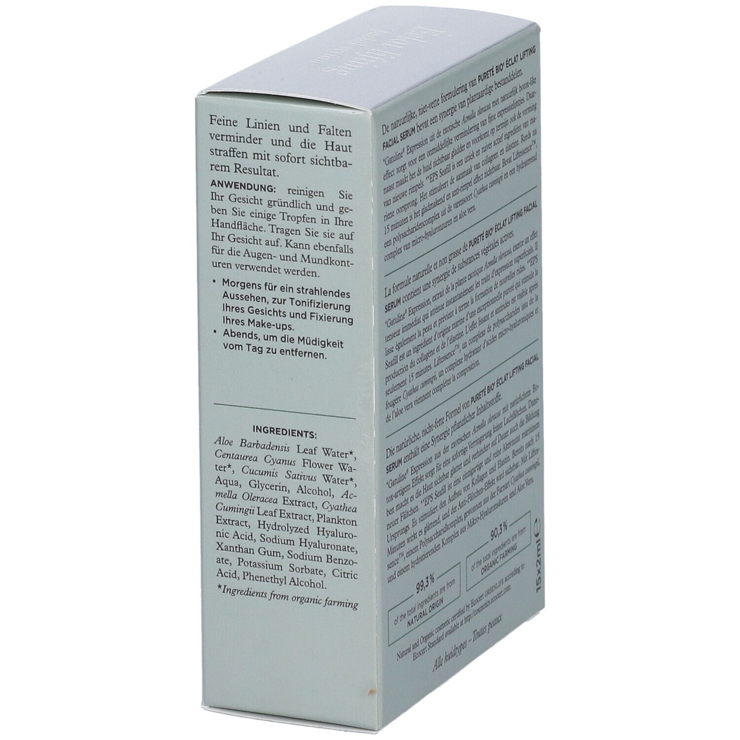 Karton mit Serum. Aufschrift: Pureté bio, Eclat lifting facial serum. Inhaltsstoffe. 15x2ml Ampullen.