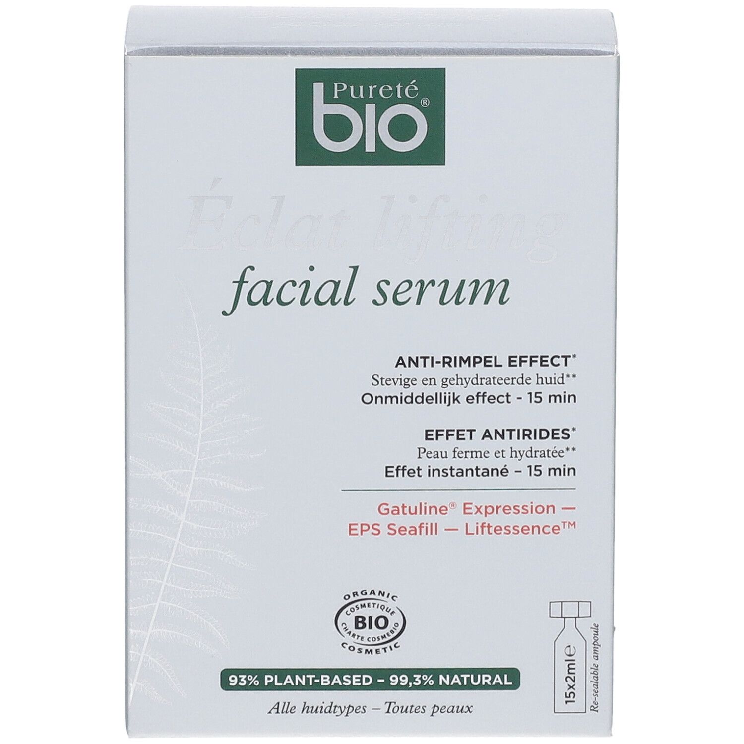 Karton mit Serum. Aufschrift: Pureté bio, Eclat lifting facial serum. Anti-Falten-Effekt. 15x2ml Ampullen.