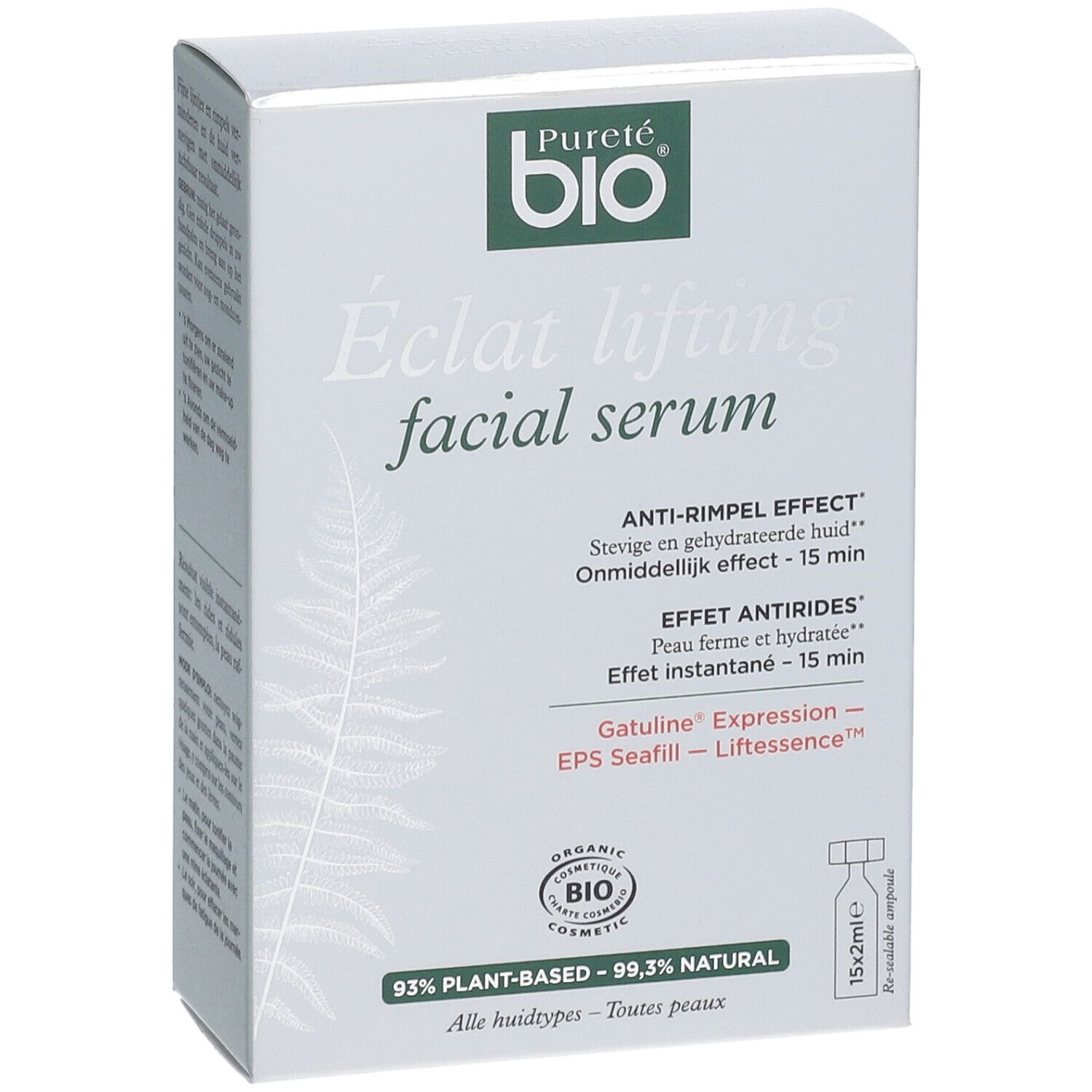 Karton mit Serum. Aufschrift: Pureté bio, Eclat lifting facial serum. Anti-Falten-Effekt. 15x2ml Ampullen.