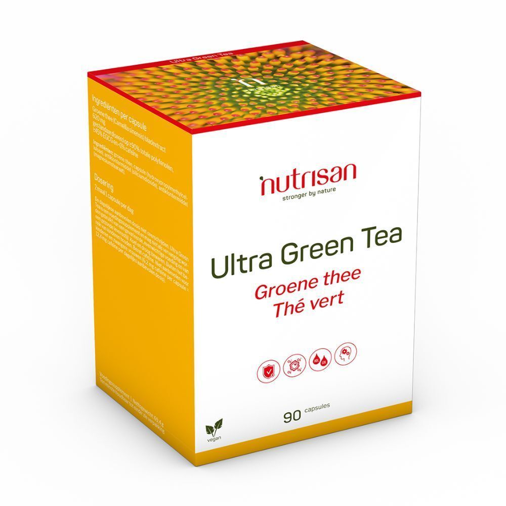 Boîte de Nutrisan Ultra Green Tea. Logo rouge, nom du produit en blanc. 90 capsules végétales. Fond jaune et motif floral.