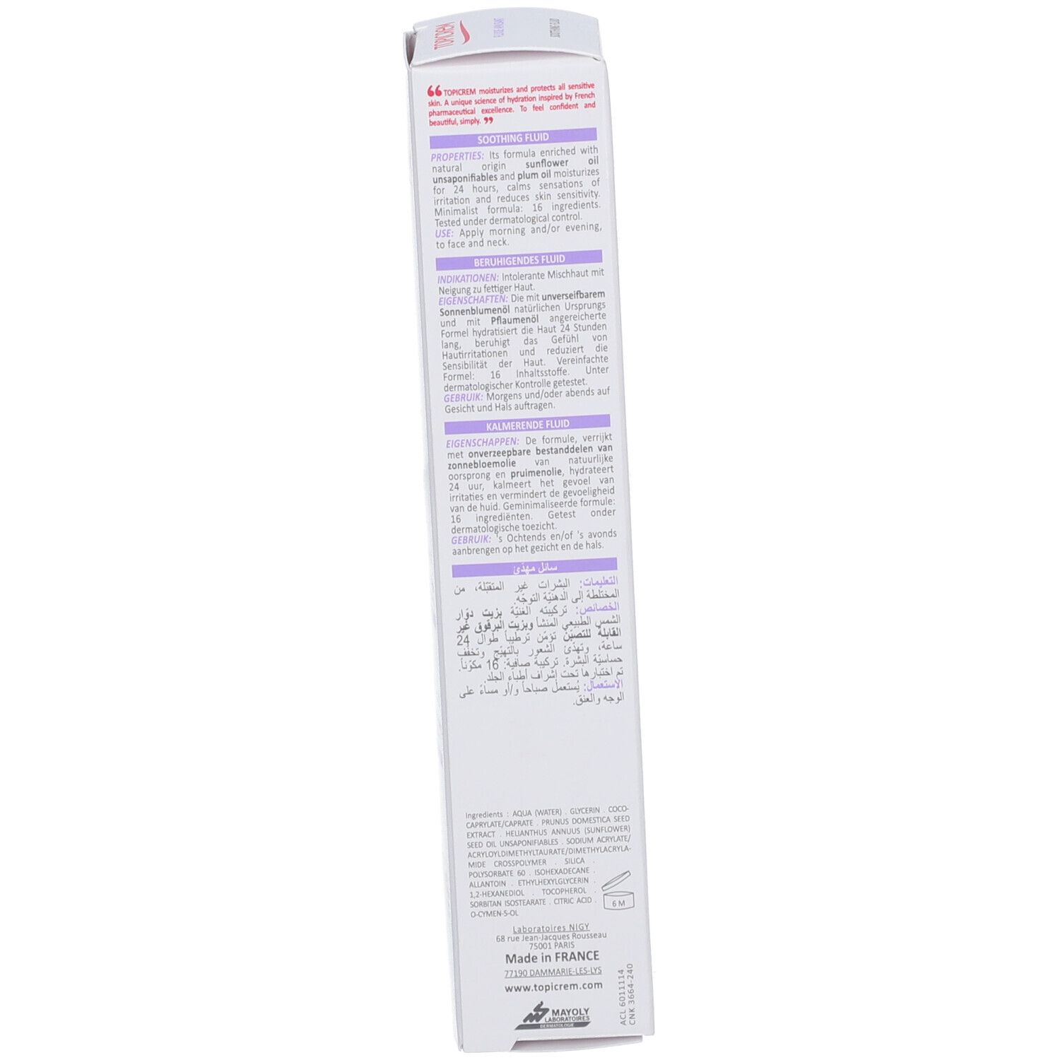 Rückseite der Produktverpackung. Text in mehreren Sprachen, darunter Französisch, Englisch, Deutsch, Italienisch und Niederländisch.