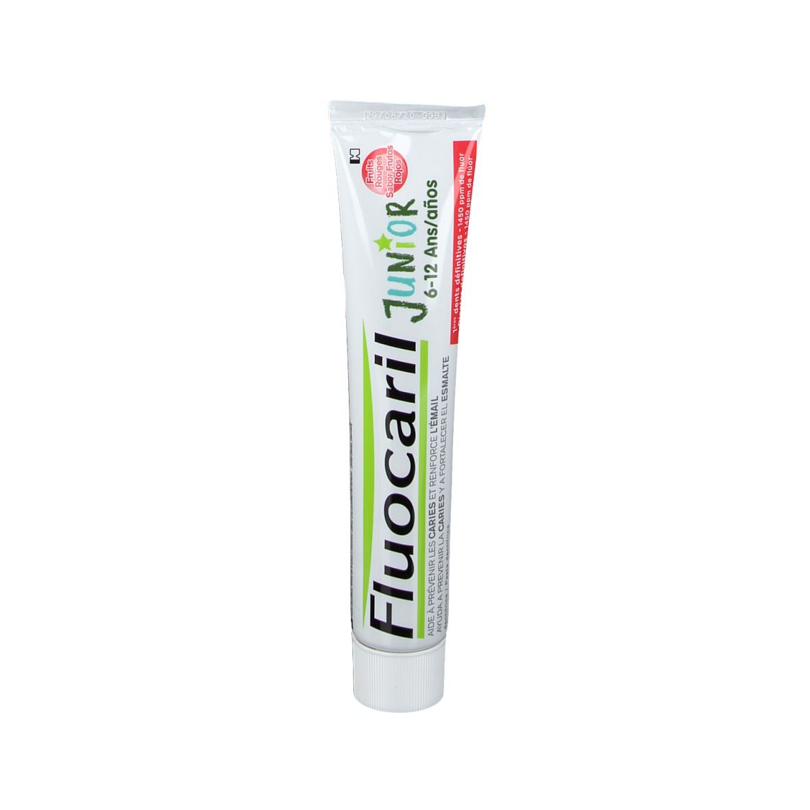 Zahncreme-Tube Fluocaril Junior, weiß, mit roter und grüner Schrift. Aufschrift: Junior 6-12 ans/años.