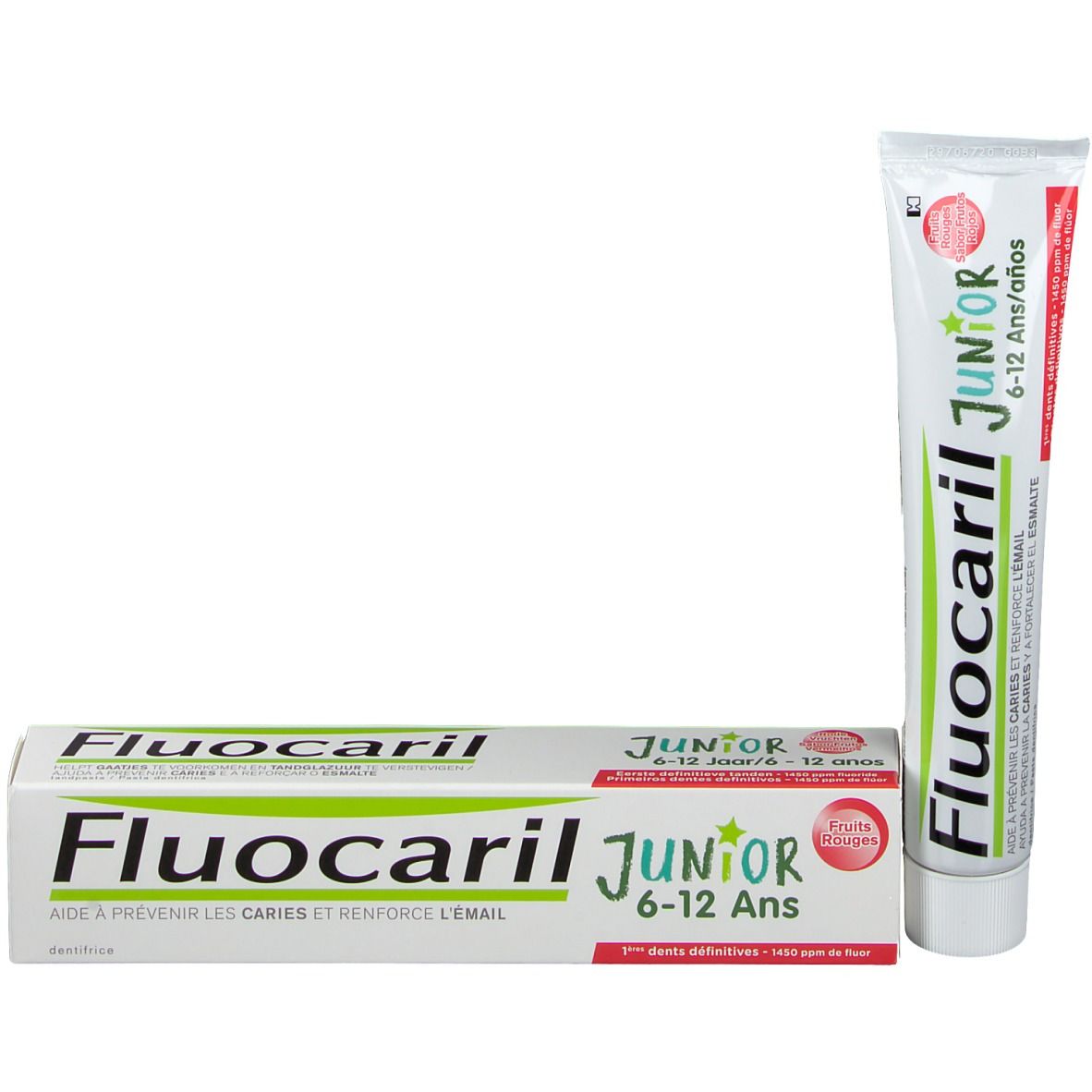 Zahnpasta-Tube und -Schachtel Fluocaril Junior. Tube steht neben der Schachtel. Aufschrift: Junior 6-12 ans/años.