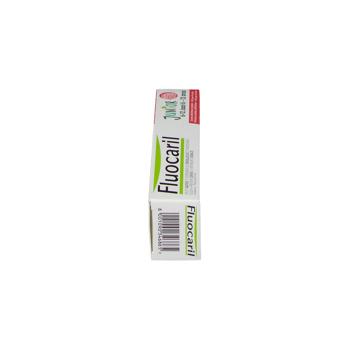 Schachtel Fluocaril Junior Zahnpasta. Aufschrift: Junior 6-12 ans/años. Verpackung im Hochformat.