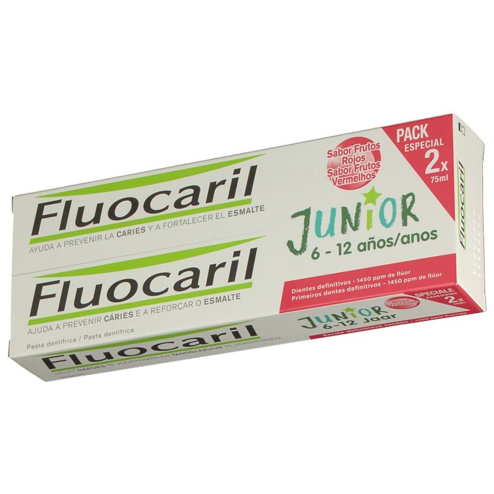Pack de dentifrice Fluocaril Junior. Deux tubes dans une boîte. Inscription : Junior 6-12 ans. Fruits rouges.