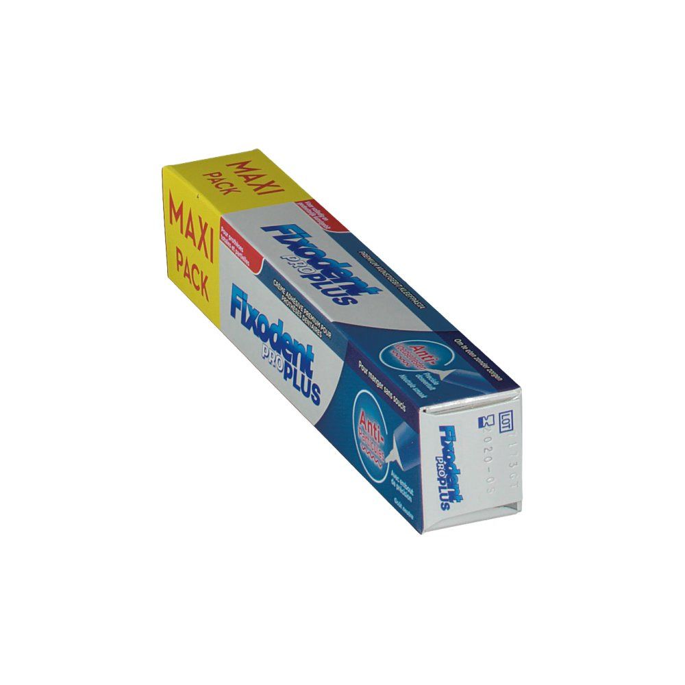 Schachtel Fixodent Pro Plus, schräg gestellt. Gelbe und blaue Farben. Produktname und Schriftzüge deutlich sichtbar.